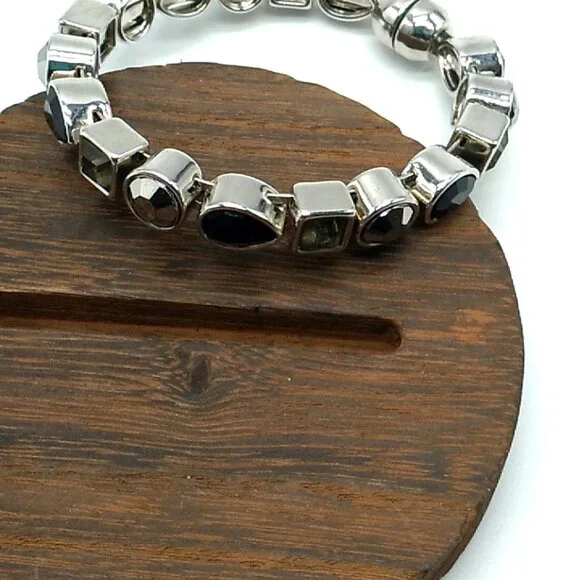 Black and Gray Crystal Stackable Silver-tone Bracelet Magnetic Clasp - Picture 3 of 11